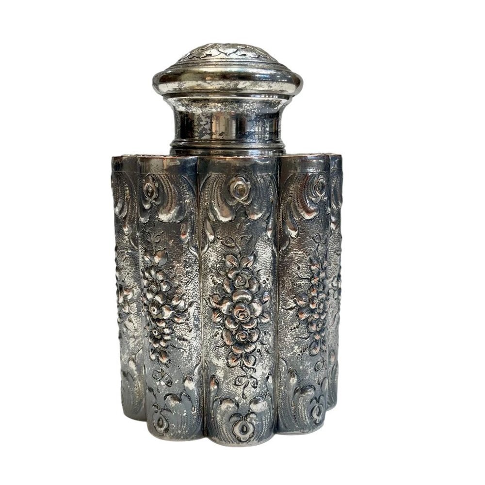 Antique Sheffield 66 Repousse Silver Plate on Copper Scallop Tea Caddy Container